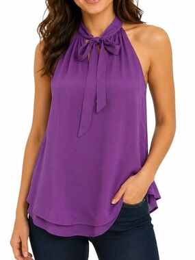 EUC Como Black Purple Satin Tie-Neck Halter Cutout Top. Size M.